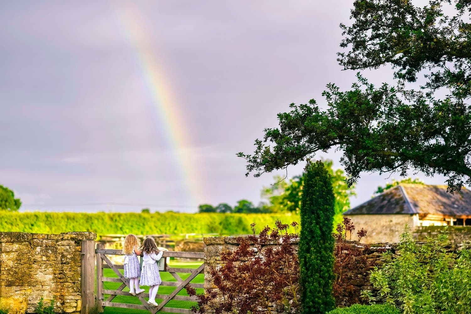 Two children looking out over a green field