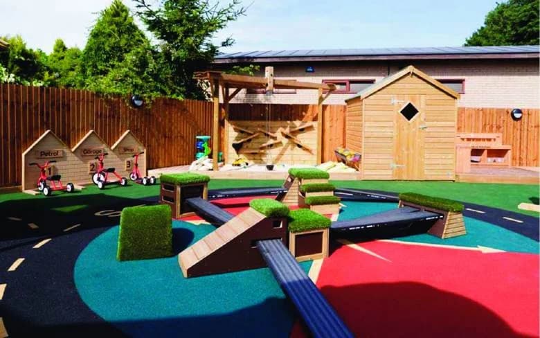 An outdoor play area with wooden balance beams, a play house and soft surfacing