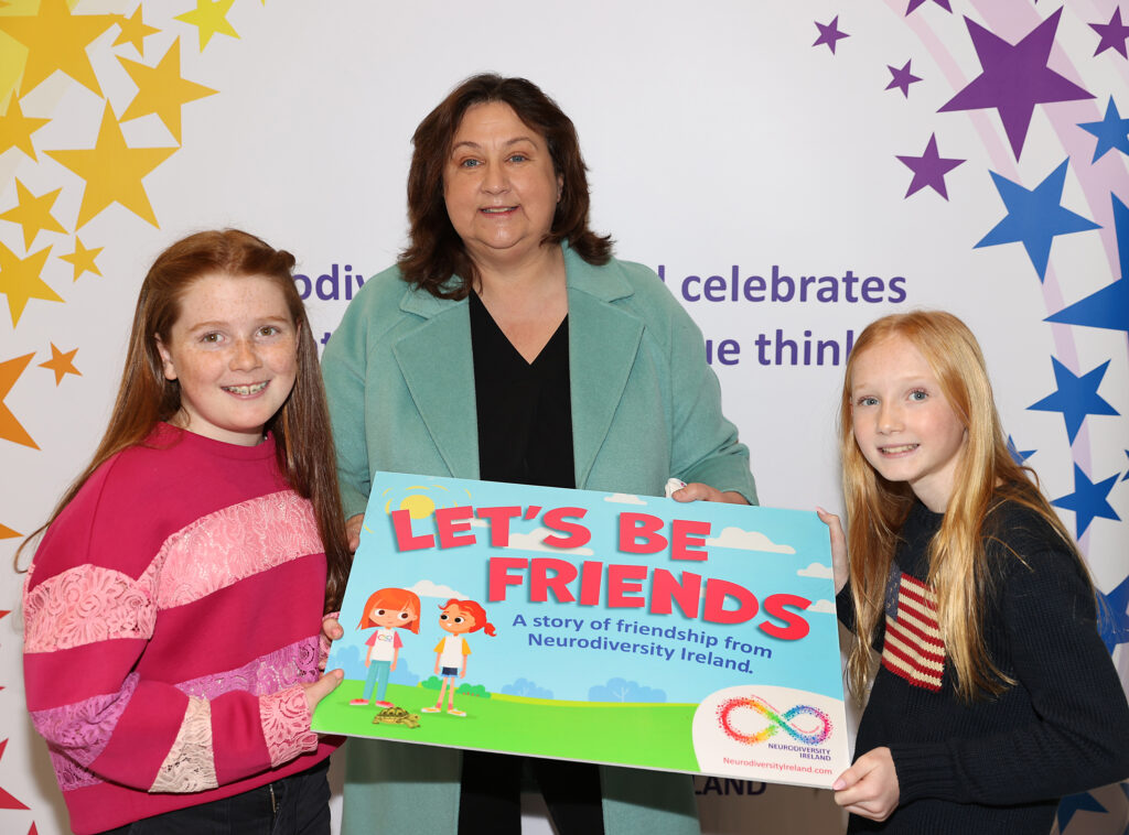 Anne Rabbitte TD, Minister of State for Disability at the Department of Children, Equality, Disability, Integration and Youth at the launch of the Neurodiversity Ireland educational videos with the stars of the ‘Let’s be Friends’ animation and booklet, (l to r) Dahlia Durkan (12) and Erin Rooney (12)